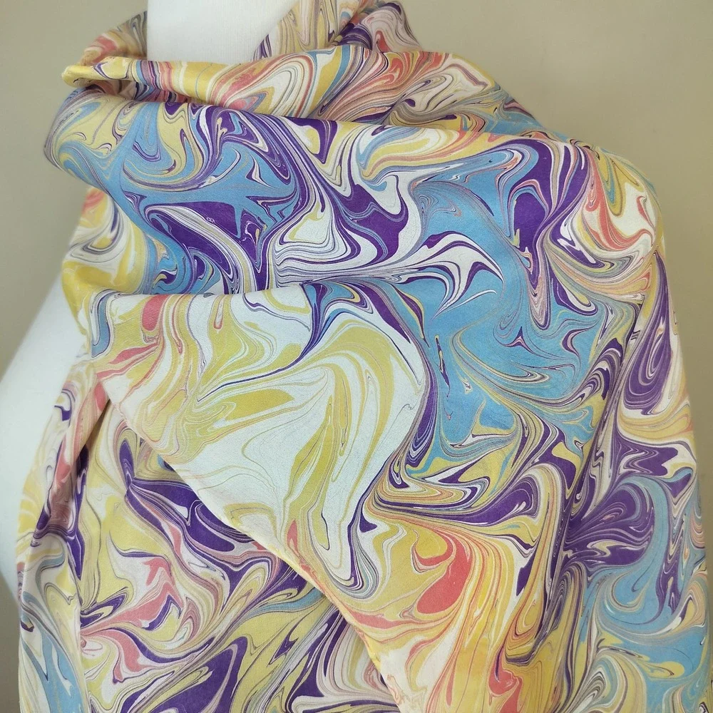 100% Silk Scarf Marbled Wavy Psychedelic Multicolor 56 x 11